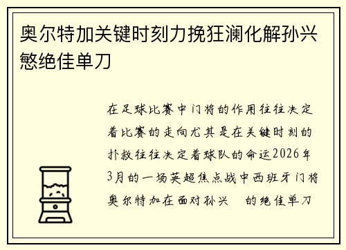 奥尔特加关键时刻力挽狂澜化解孙兴慜绝佳单刀 奥尔特加关键时刻力挽狂澜化解孙兴慜绝佳单刀